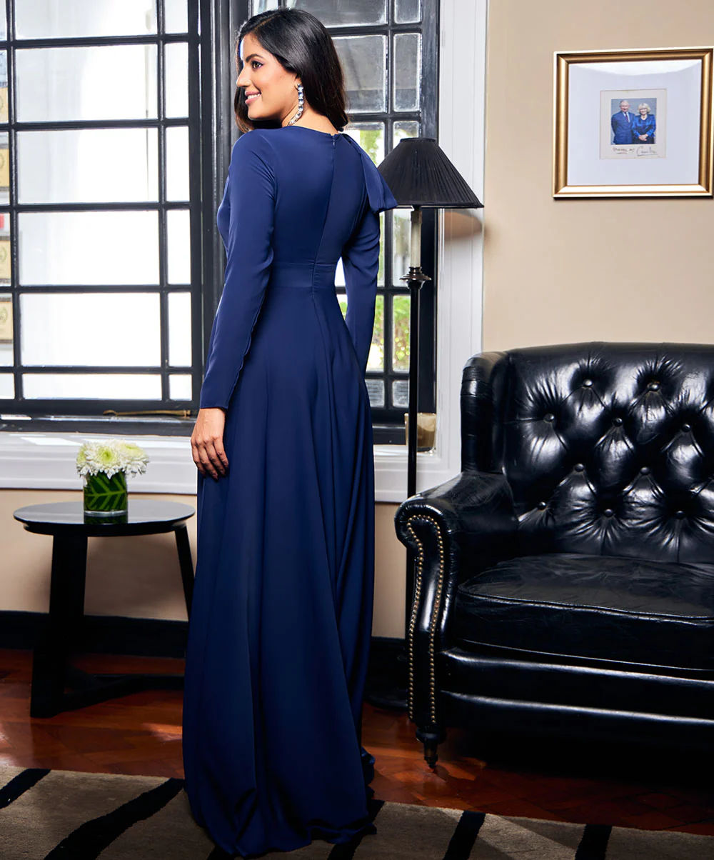 Side Bow Long Sleeve Maxi Blue Dress - Image 6