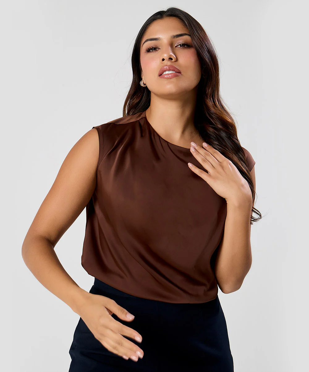 Side Detailed Satin Top- Brown - Image 2