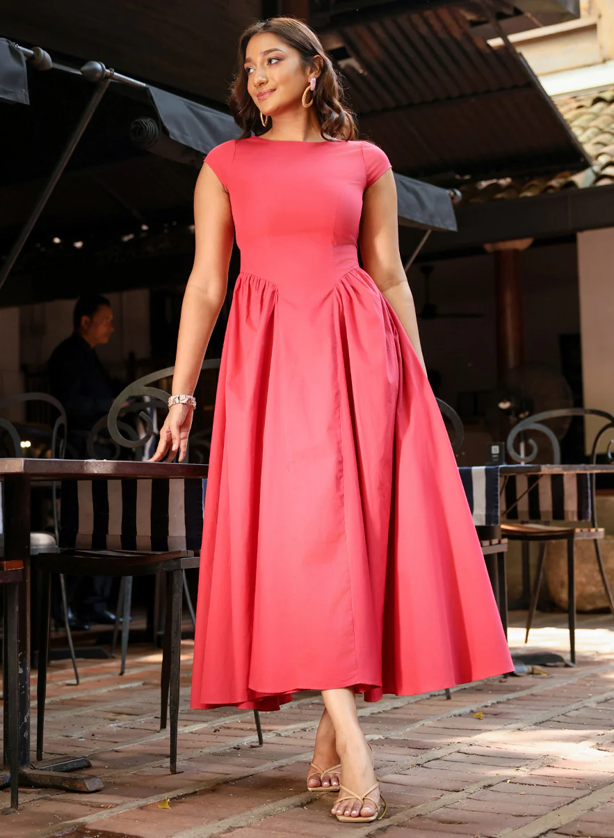Side Gathered Cotton Dress Short Sleeves
