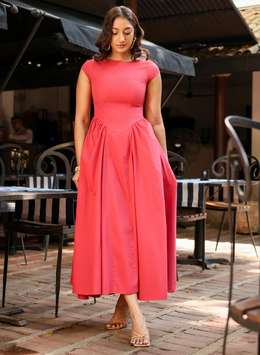 Side Gathered Cotton Dress Short Sleeves - Image 2