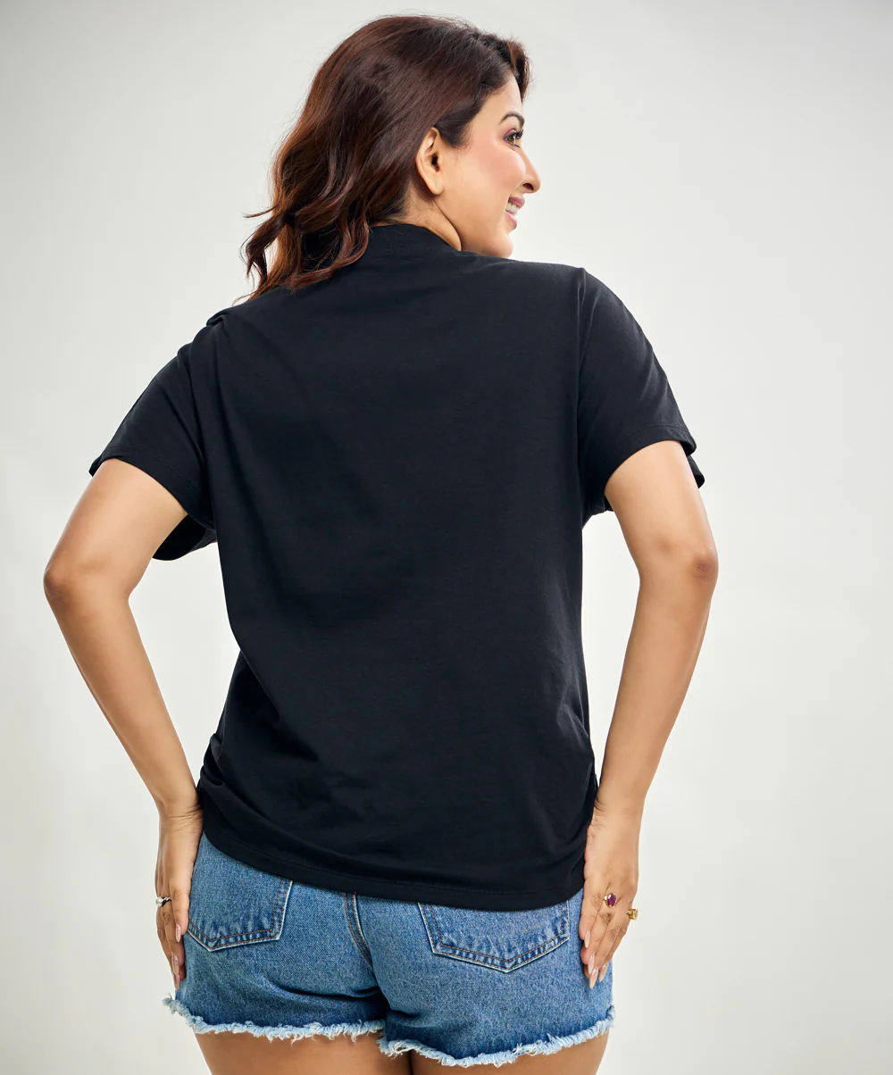 Side Gathered Crew Neck Tshirt- Black - Image 3