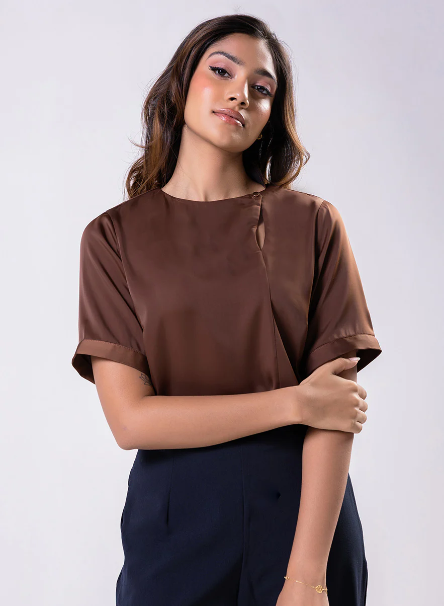 Side Neck Buttoned Short Sleeve Satin Top -Brown - Image 2