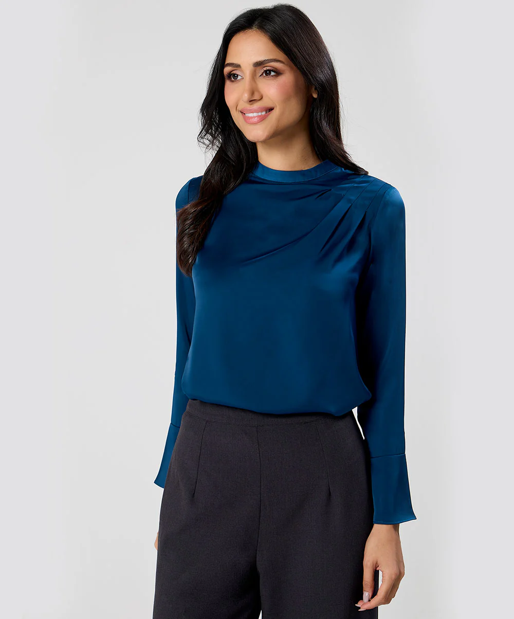Side Pleated Long Sleeve Satin Top - Image 2