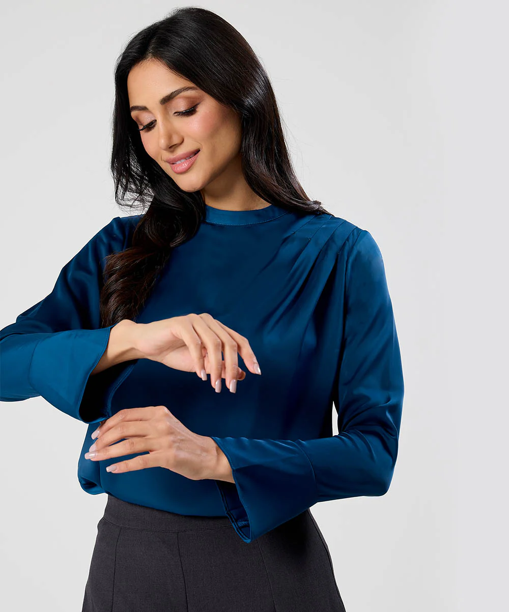 Side Pleated Long Sleeve Satin Top - Image 3