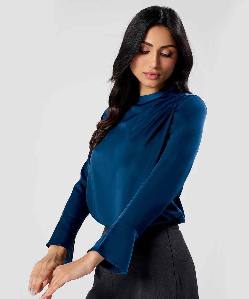 Side Pleated Long Sleeve Satin Top - Image 4