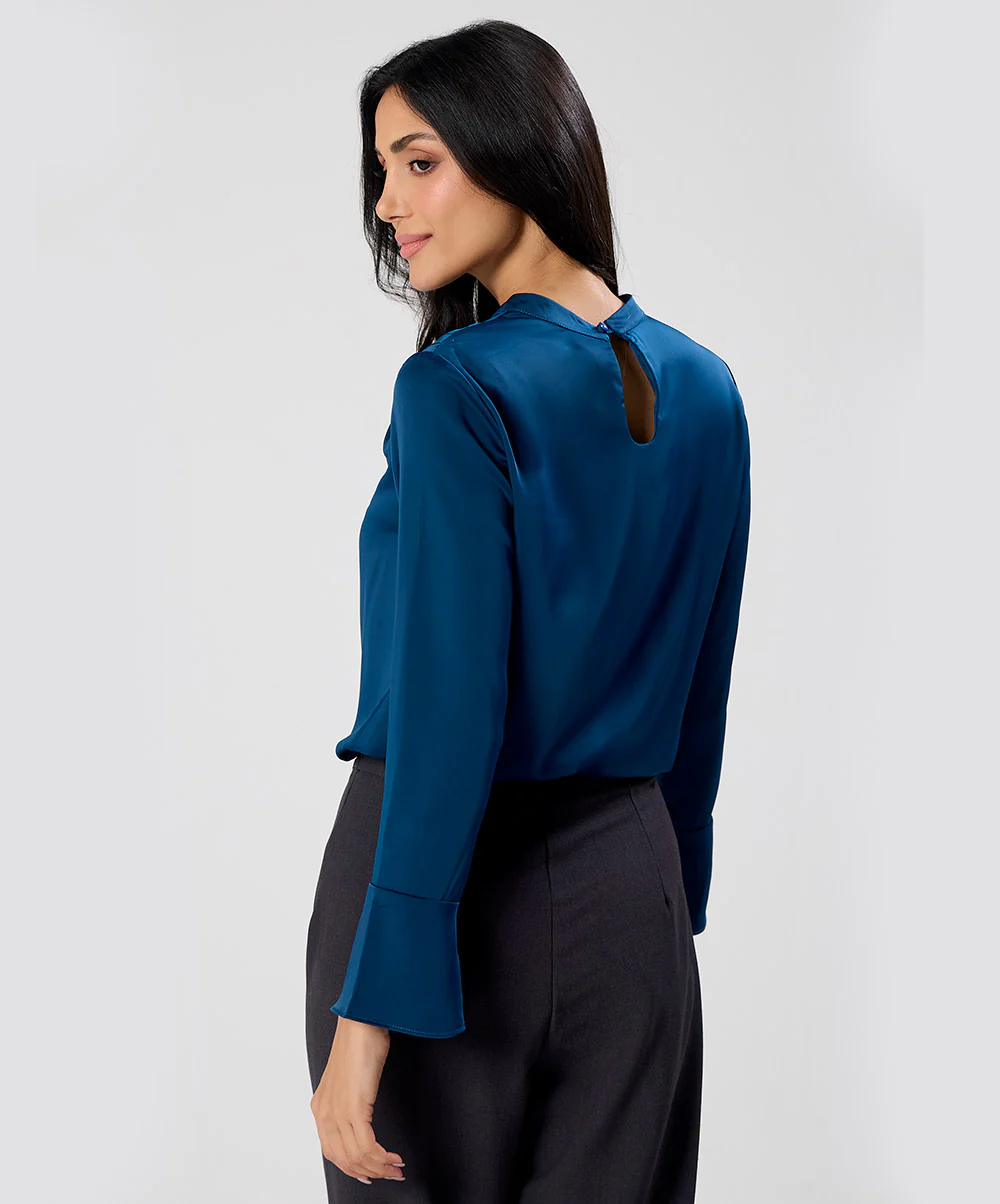 Side Pleated Long Sleeve Satin Top - Image 5