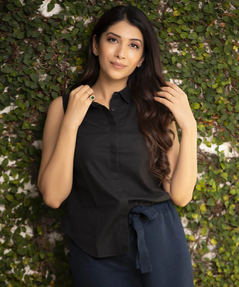 Simple Linen Shirt Black Top