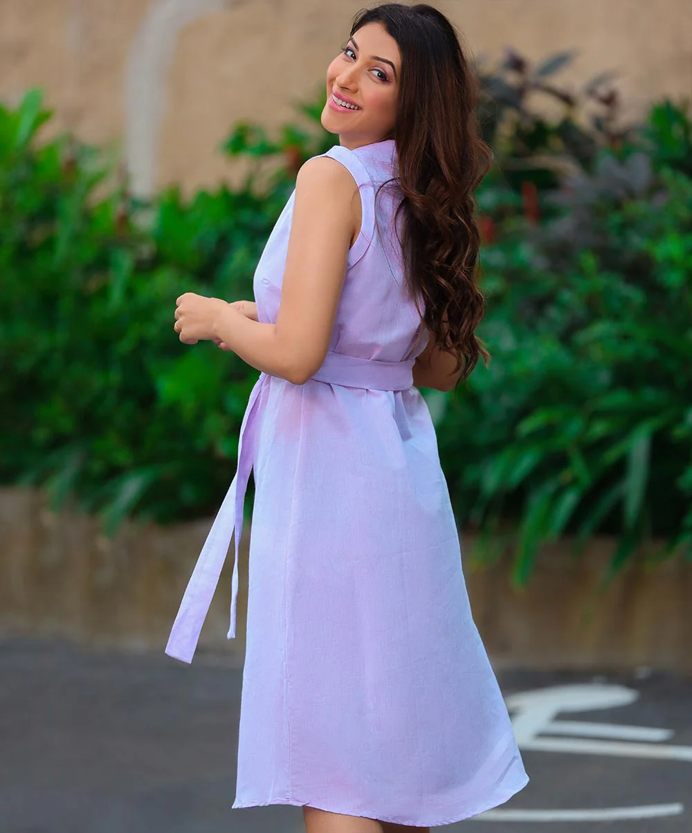Simple Waist Tie Front Buttoned Dress - Image 3