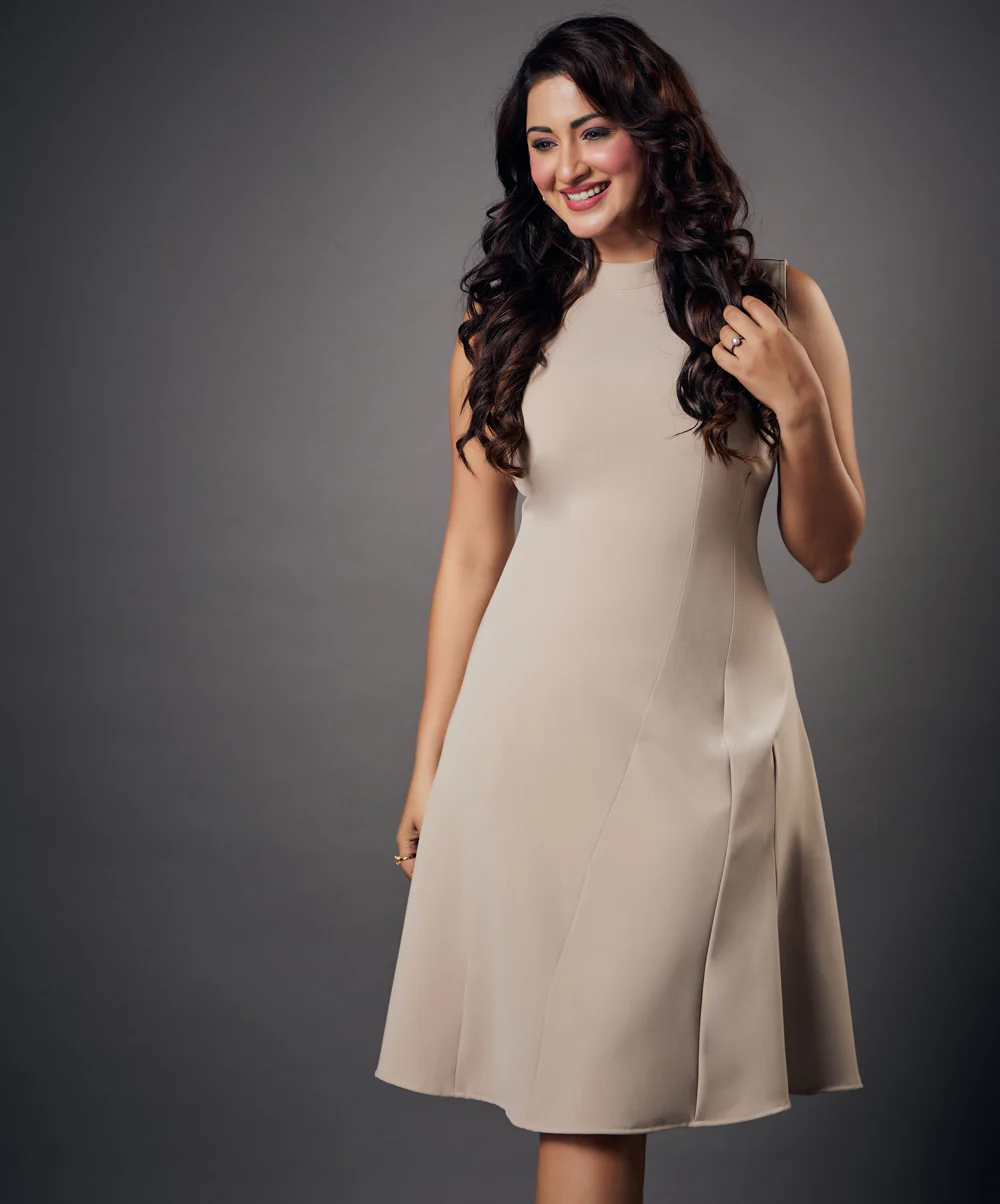 Slanted Panel Skater Beige Dress - Image 2