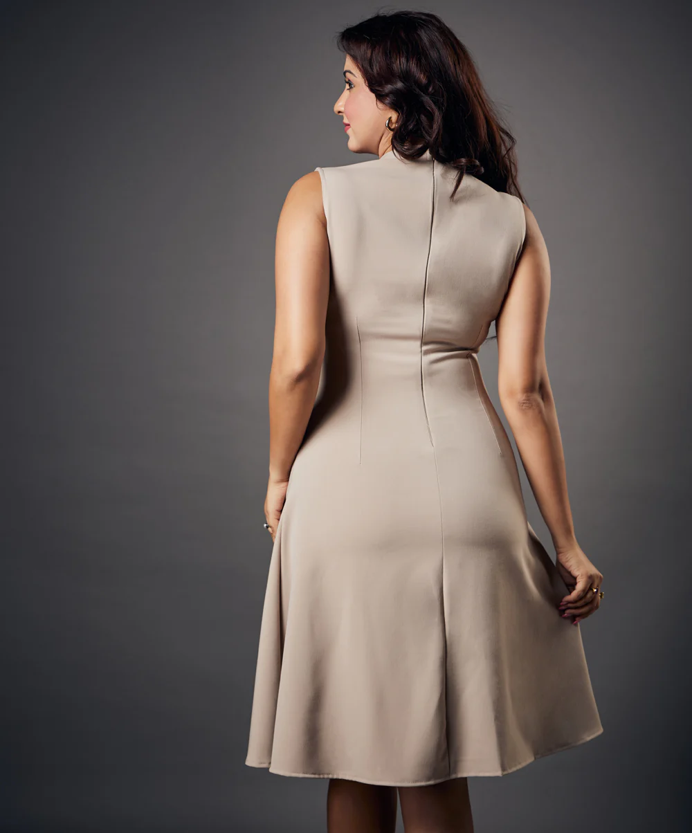 Slanted Panel Skater Beige Dress - Image 3