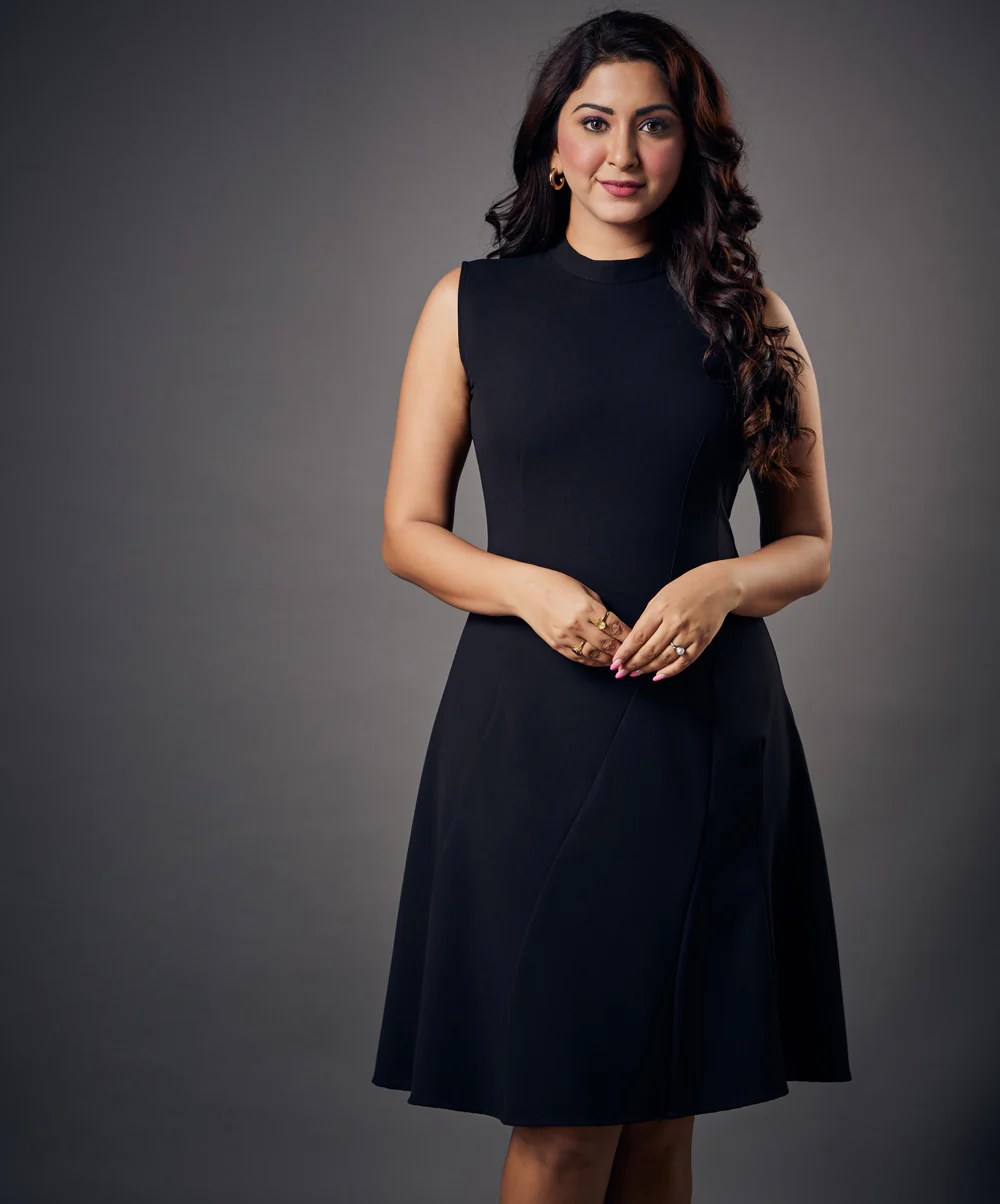 Slanted Panel Skater Black Dress