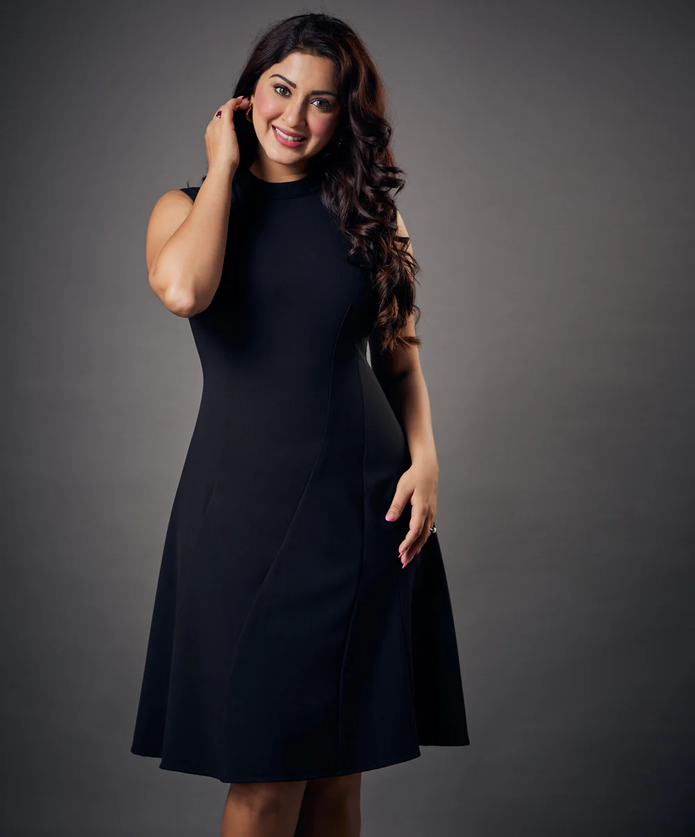 Slanted Panel Skater Black Dress - Image 2