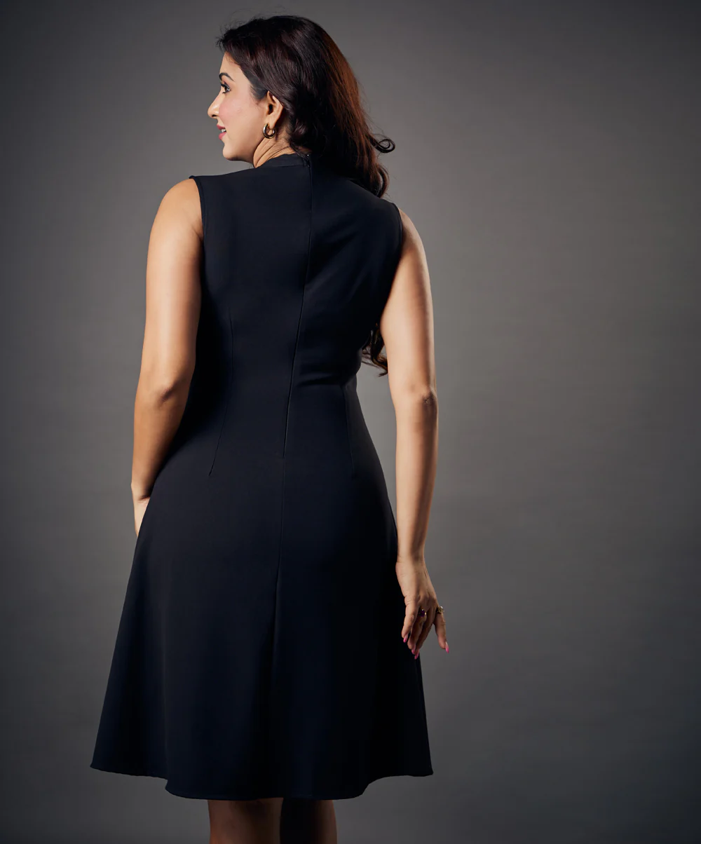 Slanted Panel Skater Black Dress - Image 3