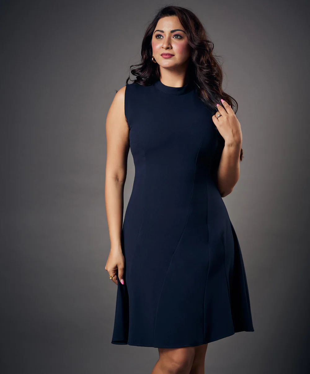 Slanted Panel Skater Navy Blue Dress - Image 2