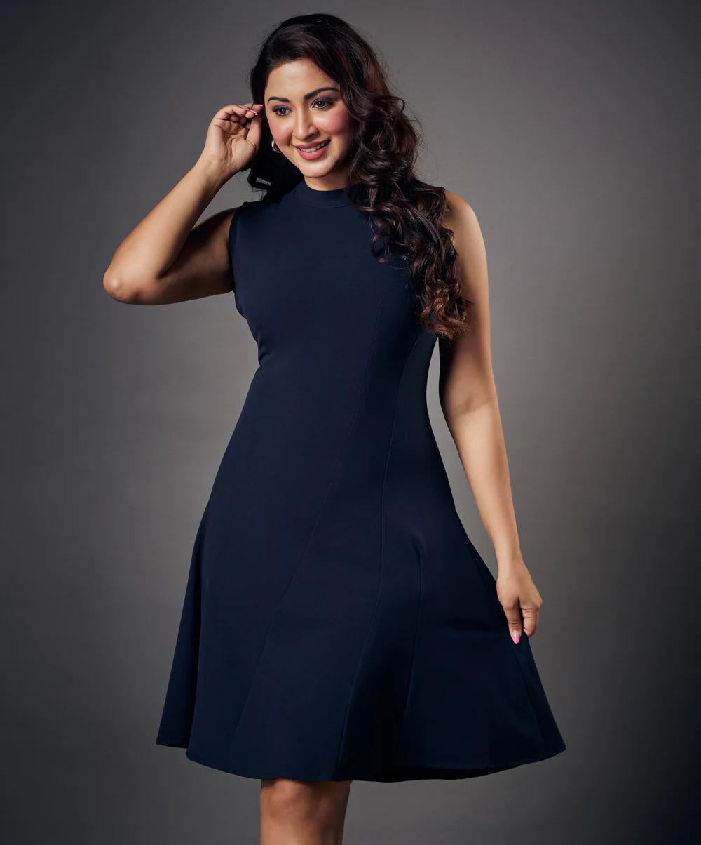 Slanted Panel Skater Navy Blue Dress - Image 3