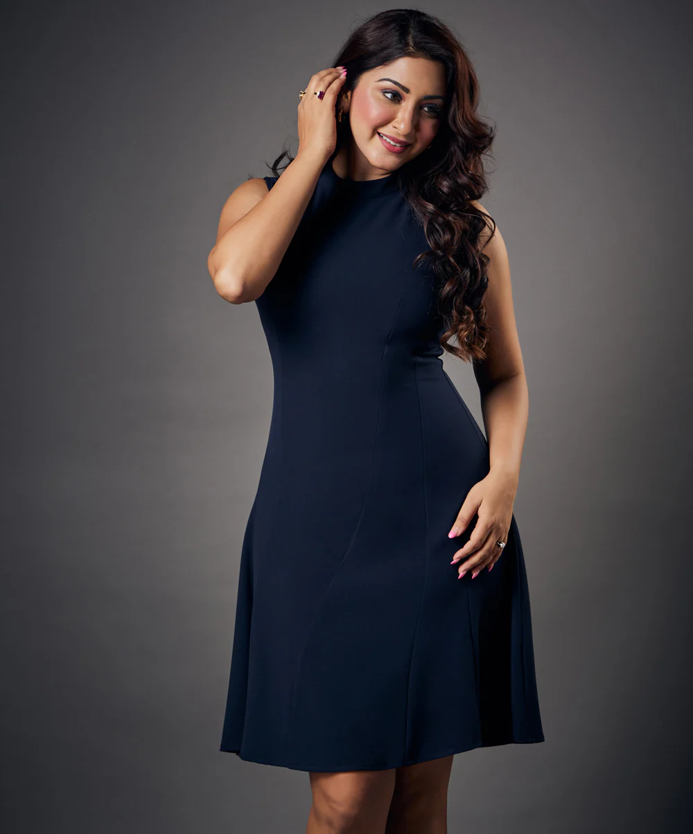 Slanted Panel Skater Navy Blue Dress - Image 4