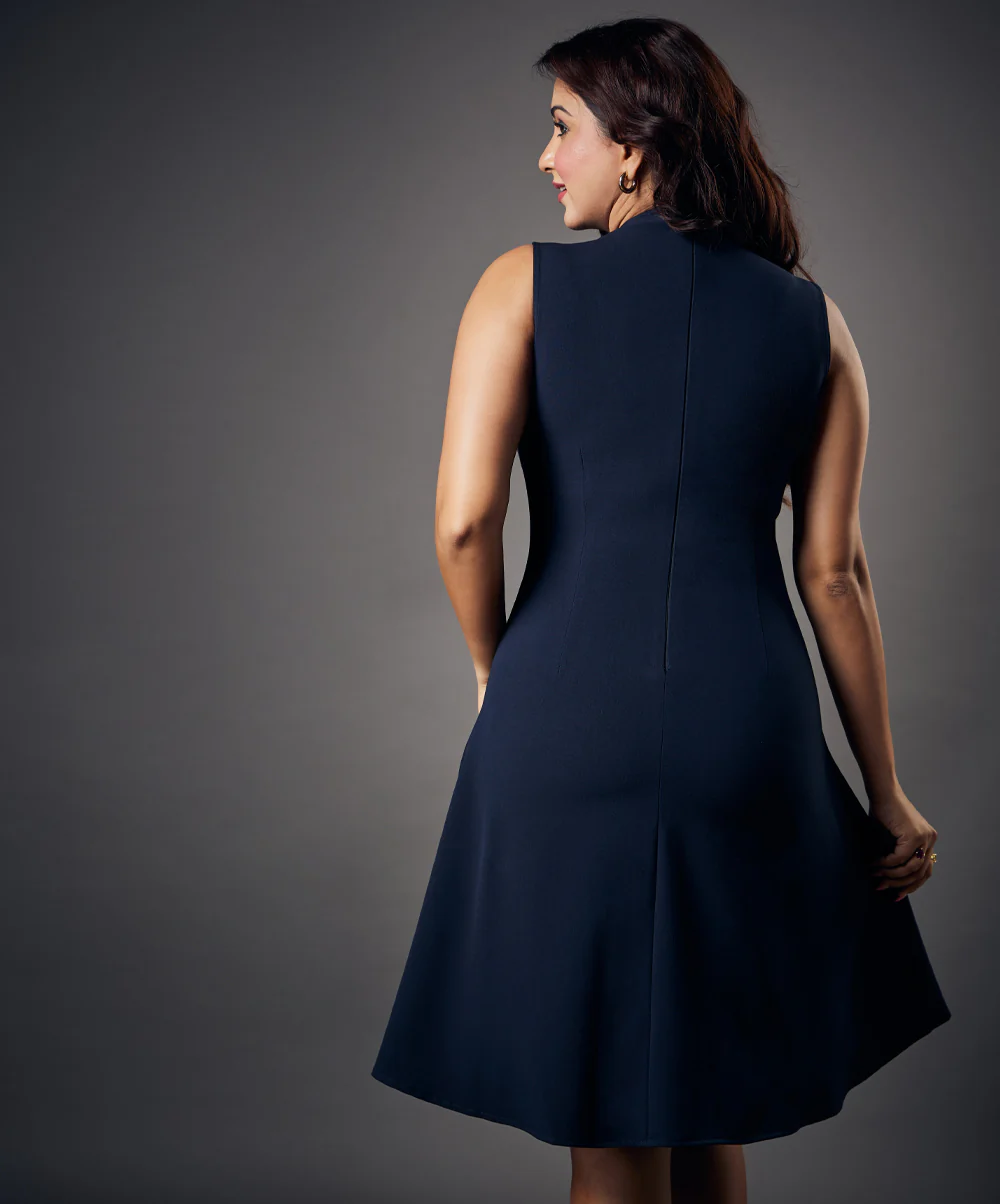 Slanted Panel Skater Navy Blue Dress - Image 5