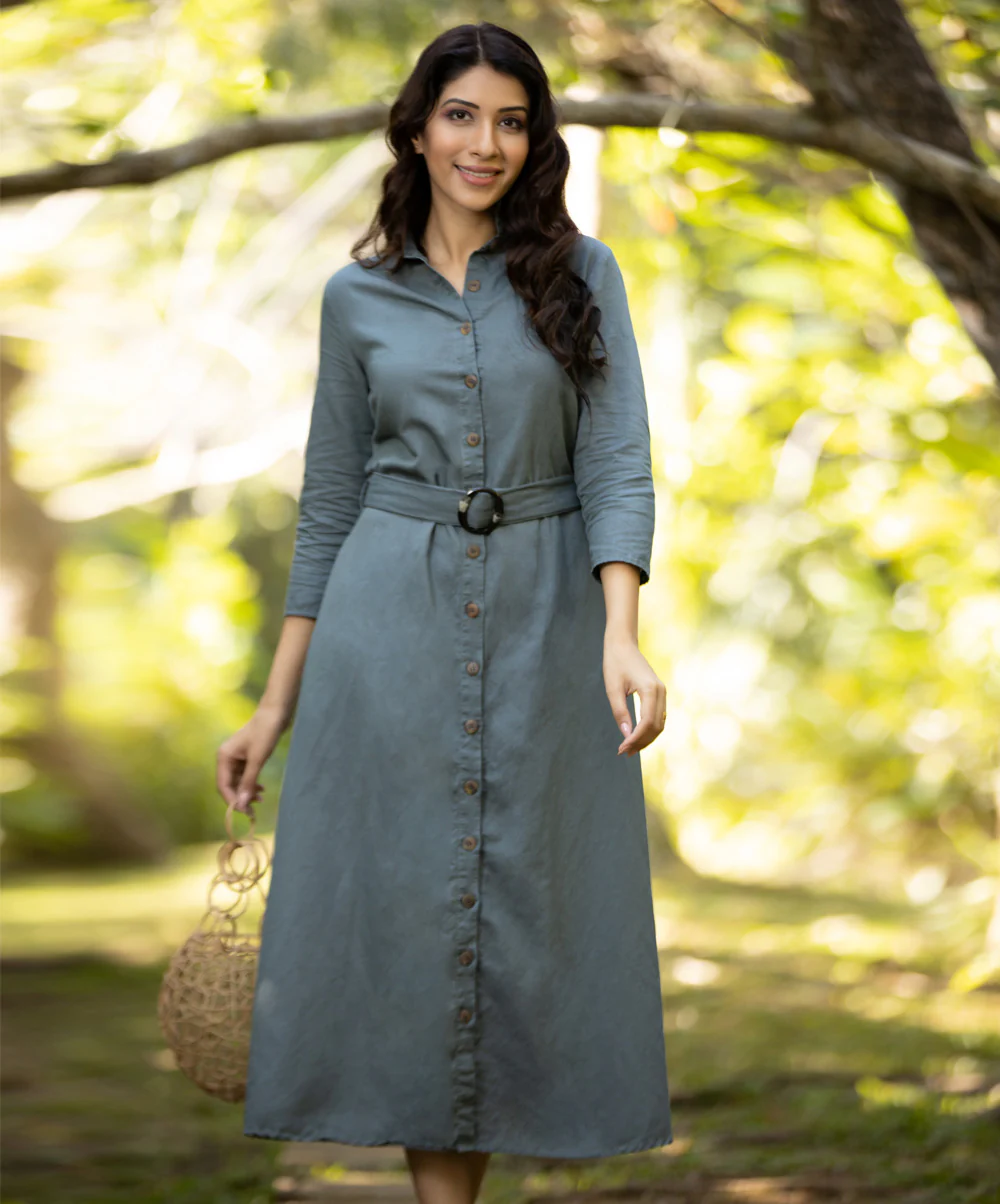Slate Grey Elegant Buttoned Shirt Linen Dress - Image 3