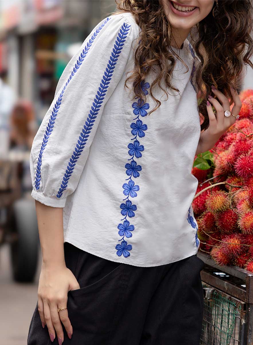Sleeve And Front Embroidered Three Quarter White Sleeve Top - Image 3