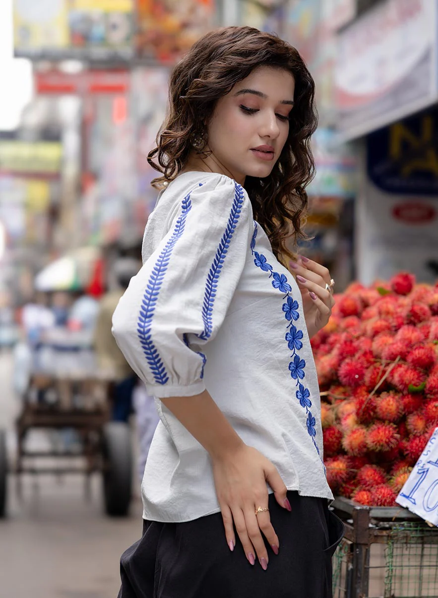 Sleeve And Front Embroidered Three Quarter White Sleeve Top - Image 4