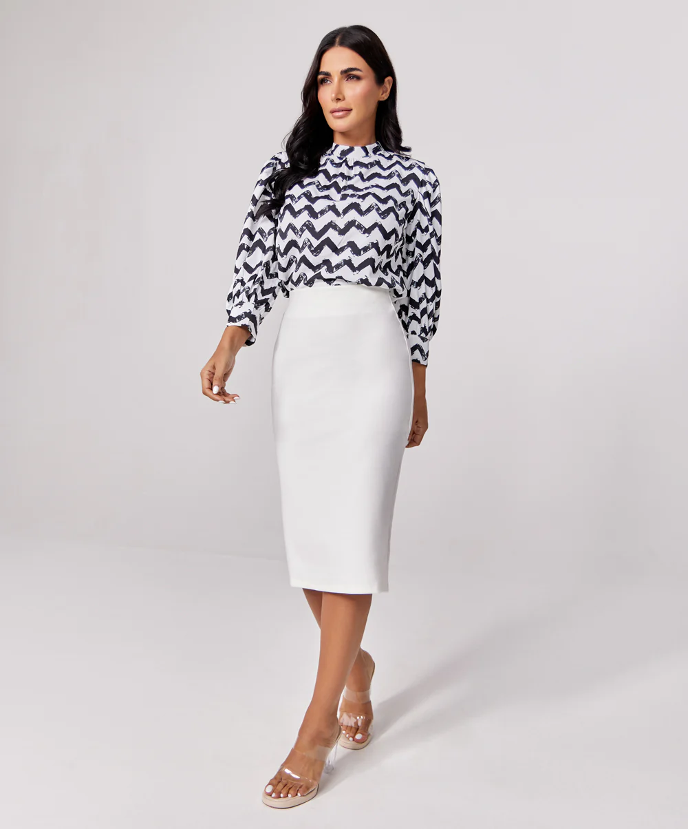 Sleeve Detailed Black & White Chiffon Top - Image 4