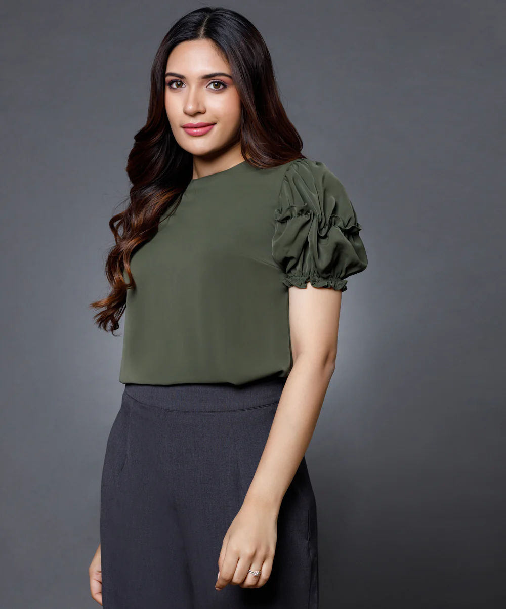 Sleeve Detailed Green Round Neck Top - Image 2