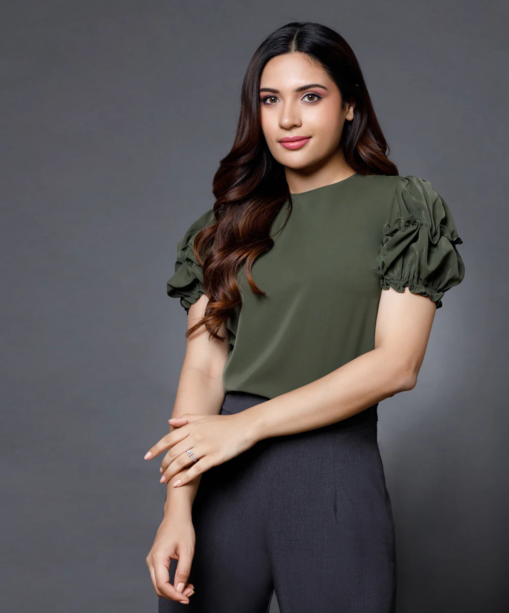 Sleeve Detailed Green Round Neck Top - Image 3