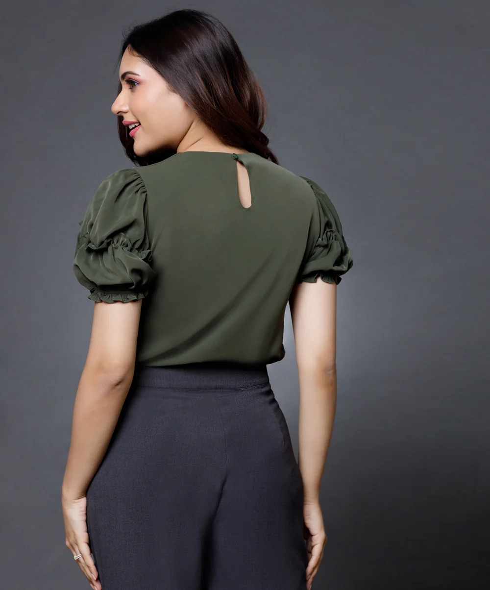 Sleeve Detailed Green Round Neck Top - Image 4