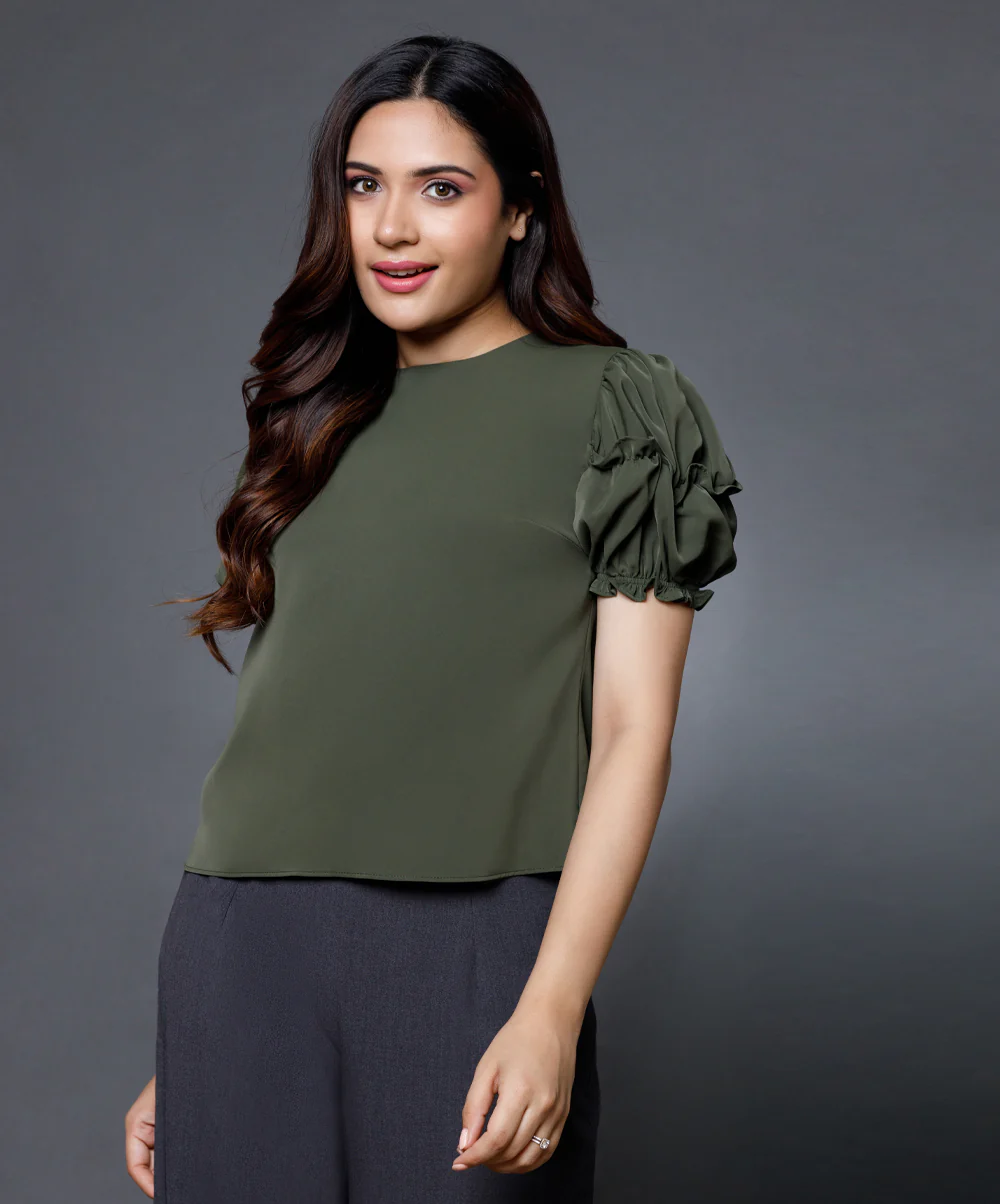 Sleeve Detailed Green Round Neck Top - Image 5