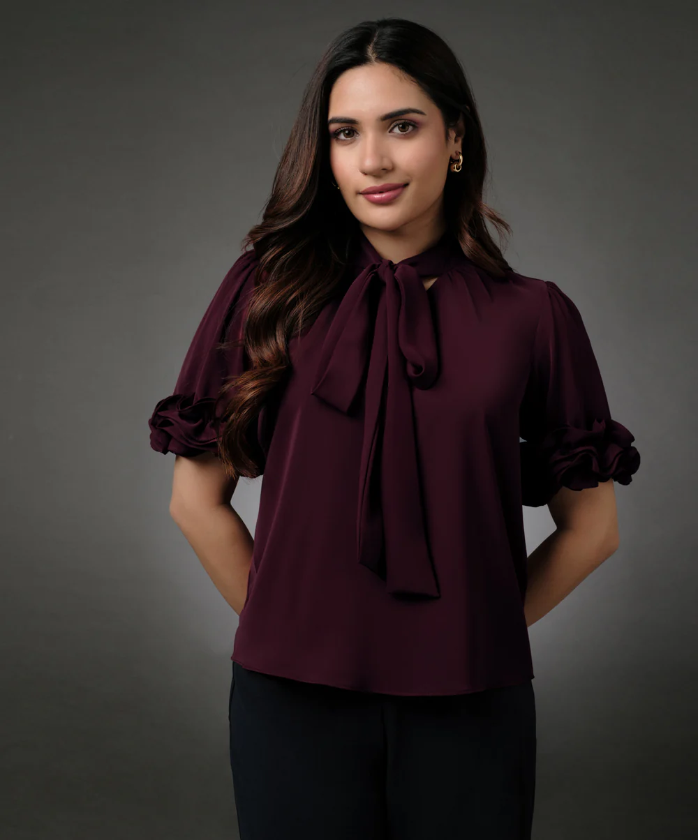 Sleeve Detailed Neck Tie Maroon Top - Image 3