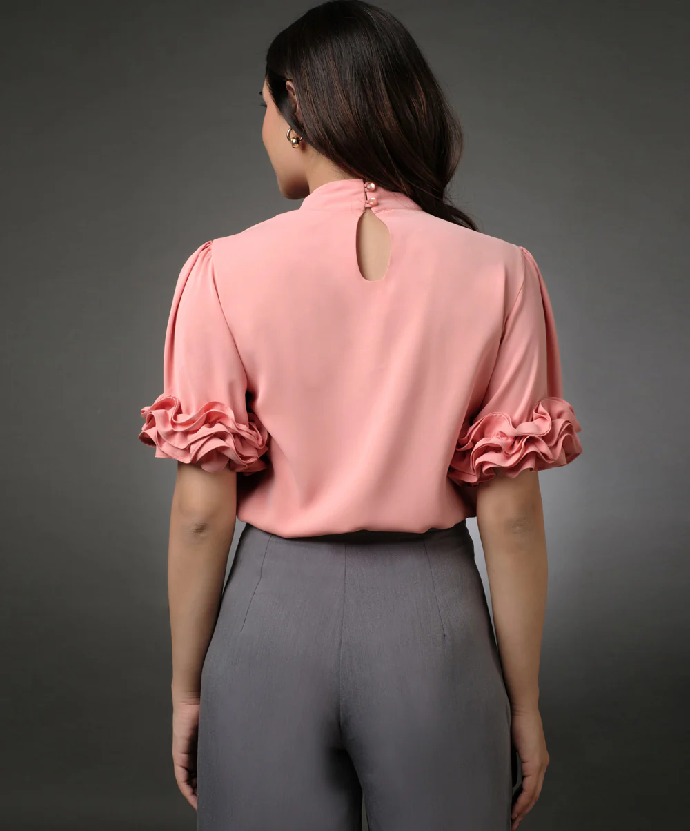 Sleeve Detailed Neck Tie Pink Top - Image 4
