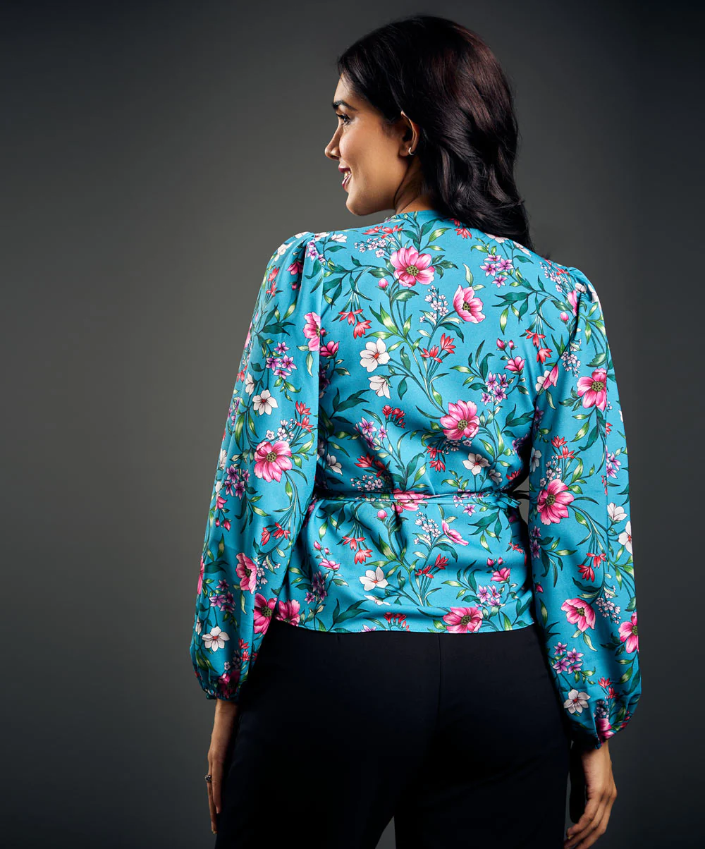 Sleeve Detailed Printed Waist Tie Top - Image 3