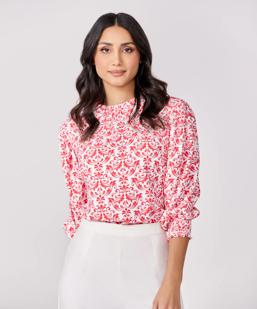 Sleeve Detailed Red Printed Chiffon Top
