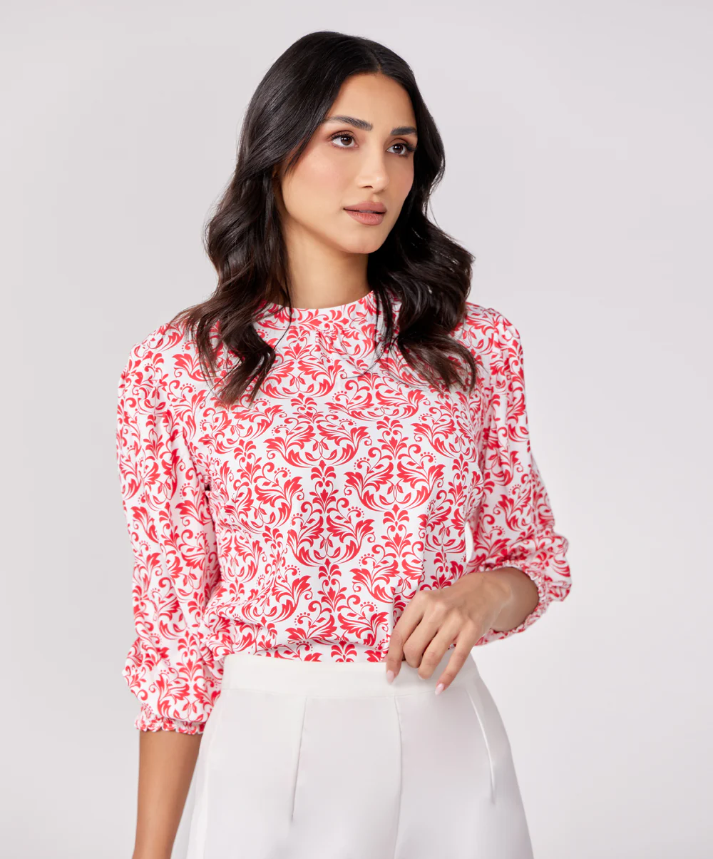 Sleeve Detailed Red Printed Chiffon Top - Image 2