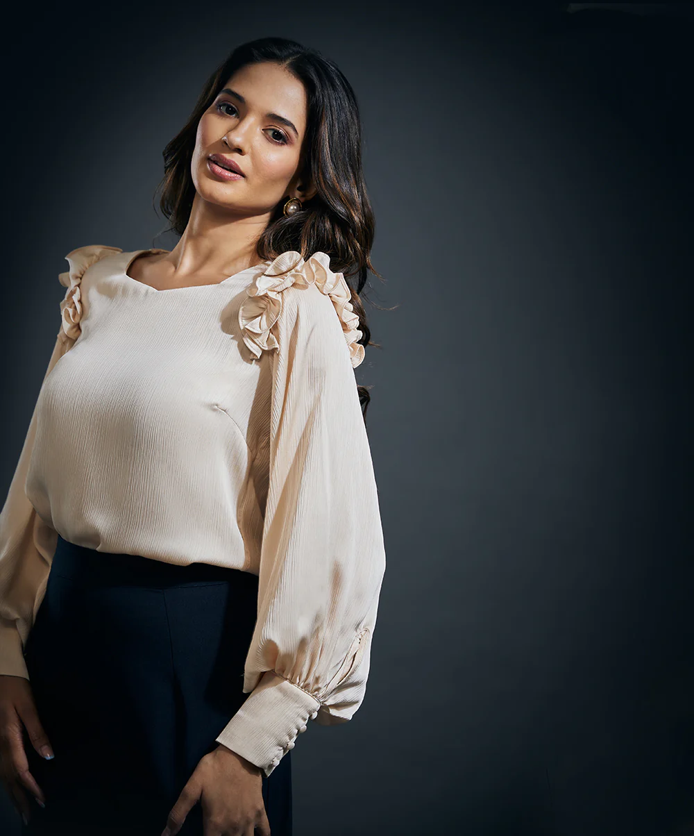 Sleeve Detailed Shoulder Frilled Long Sleeve Top-Beige - Image 2