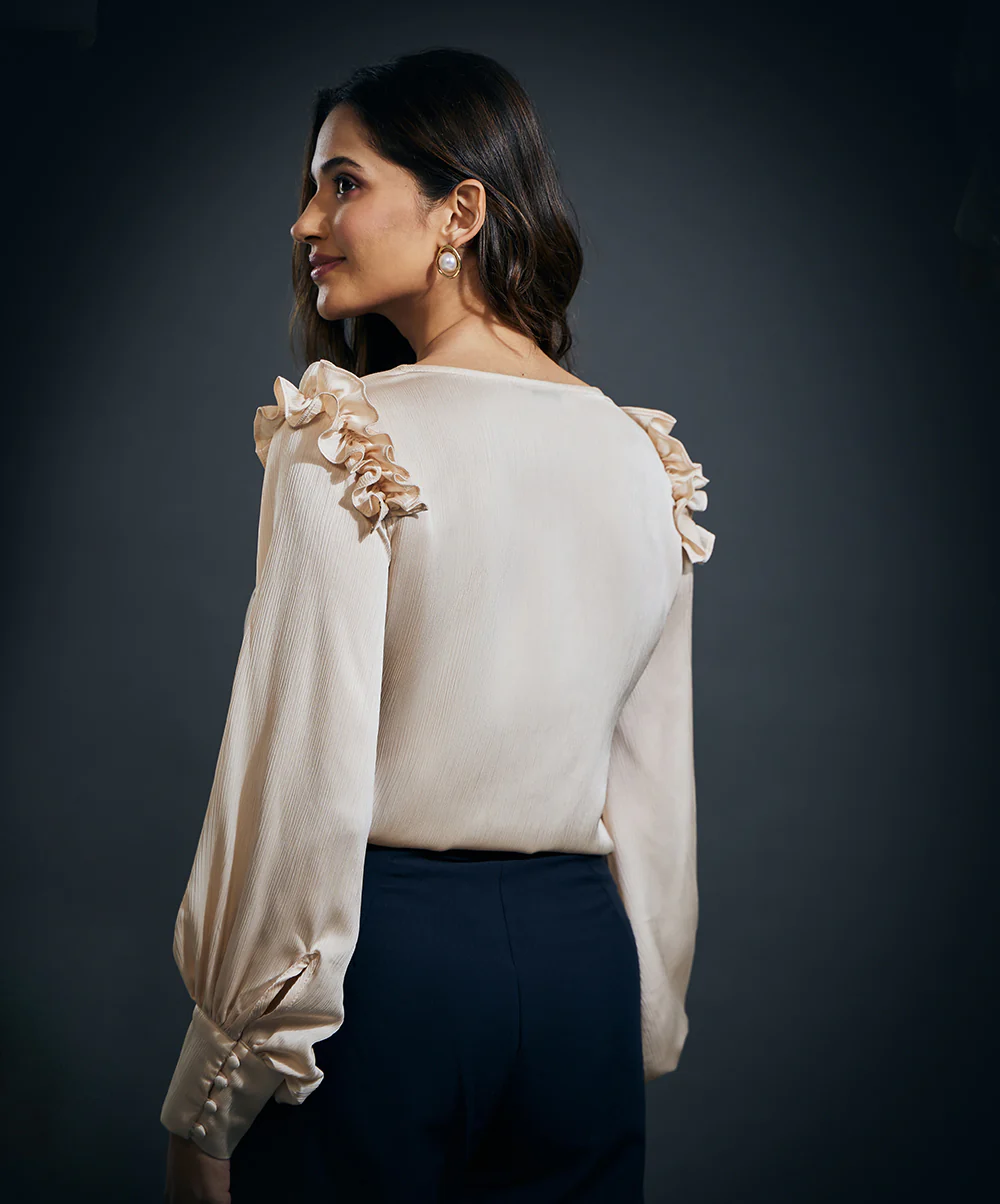 Sleeve Detailed Shoulder Frilled Long Sleeve Top-Beige - Image 4