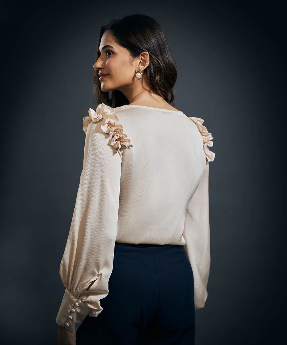 Sleeve Detailed Shoulder Frilled Long Sleeve Top-Beige - Image 5