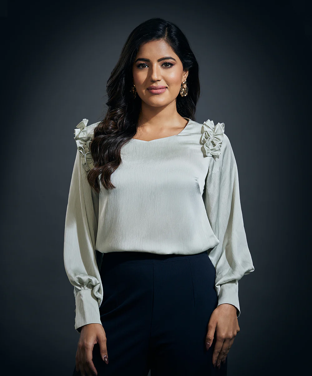 Sleeve Detailed Shoulder Frilled Long Sleeve Top-Lime - Image 2