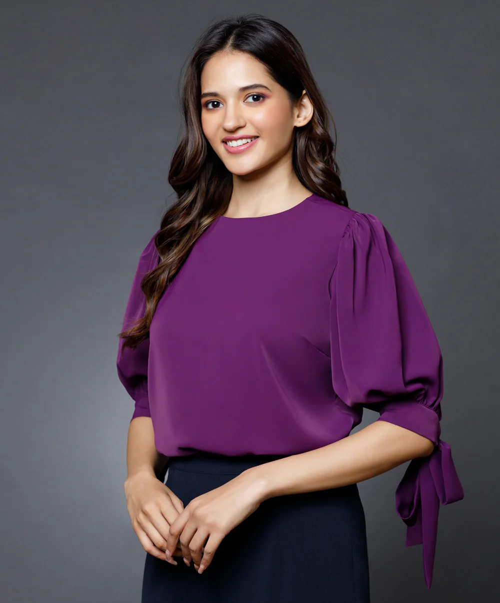 Sleeve Detailed Solid Chiffon Top - Image 2