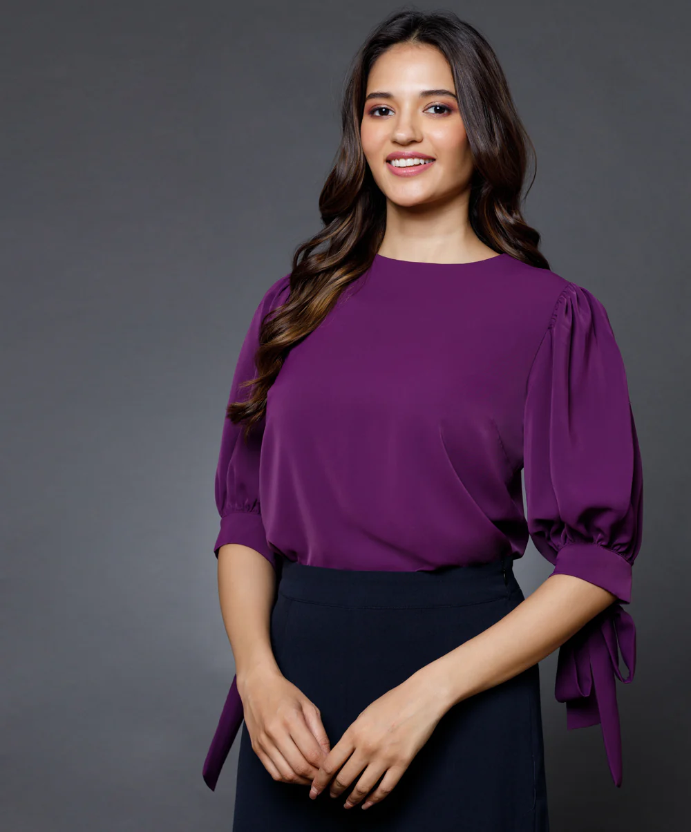 Sleeve Detailed Solid Chiffon Top - Image 3
