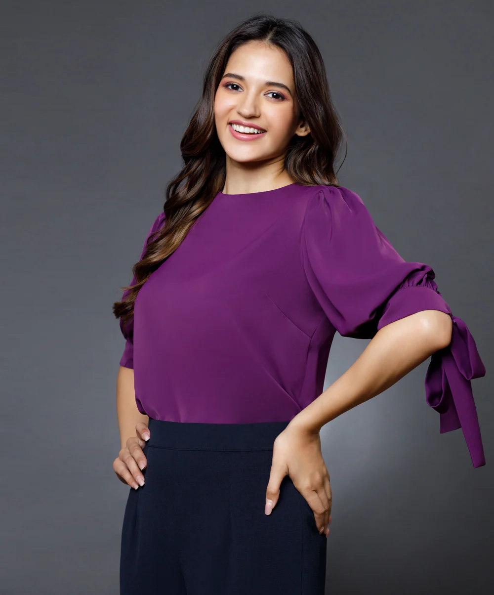 Sleeve Detailed Solid Chiffon Top - Image 6