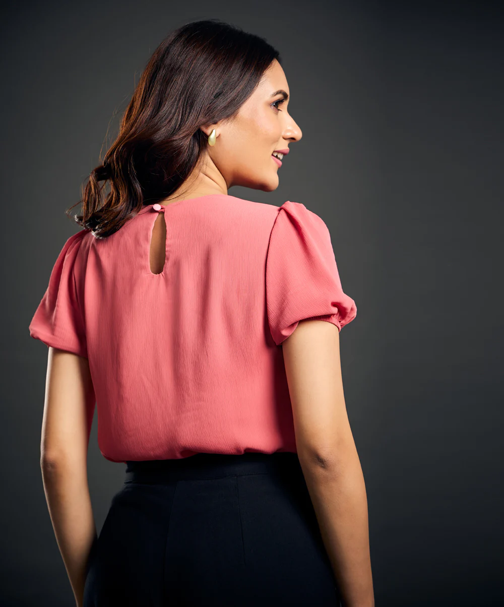 Sleeve Elasticated Moss Crepe Pink Top - Image 3