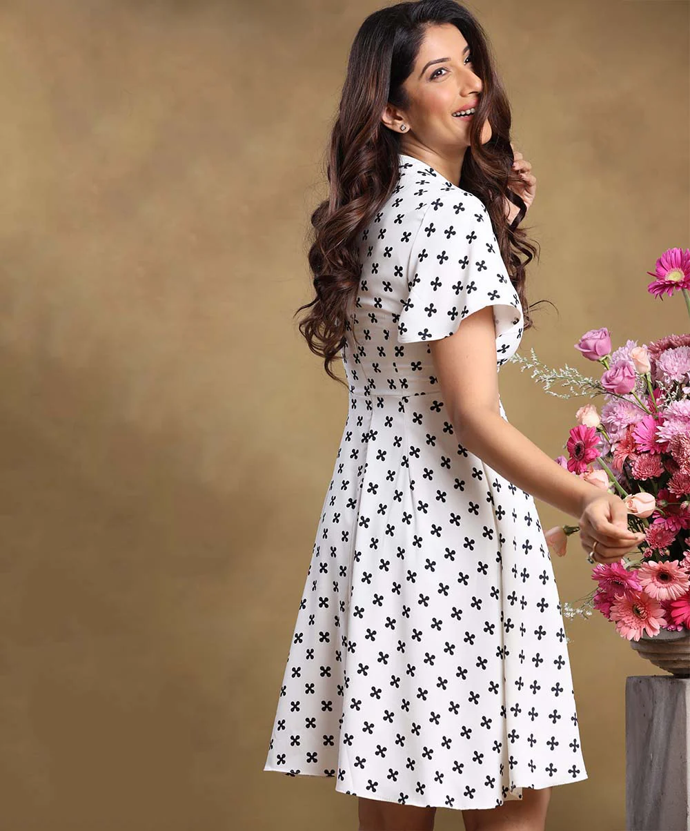 Sleeve Flared High Neck Chiffon Dress - Image 2