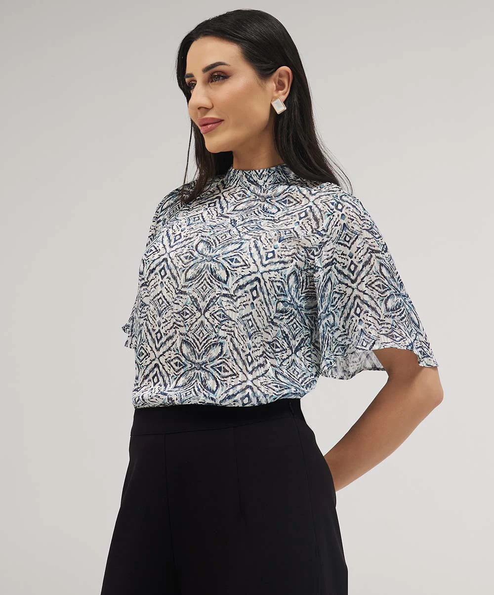 Sleeve Flared Mandarin Collar Printed Top