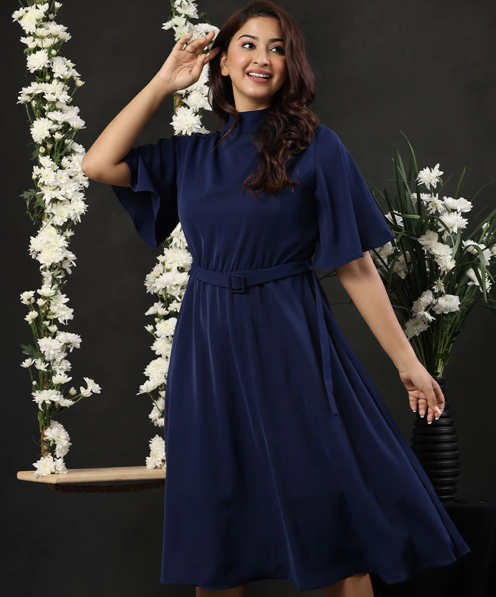 Sleeve Flared Mini Dress With Belt