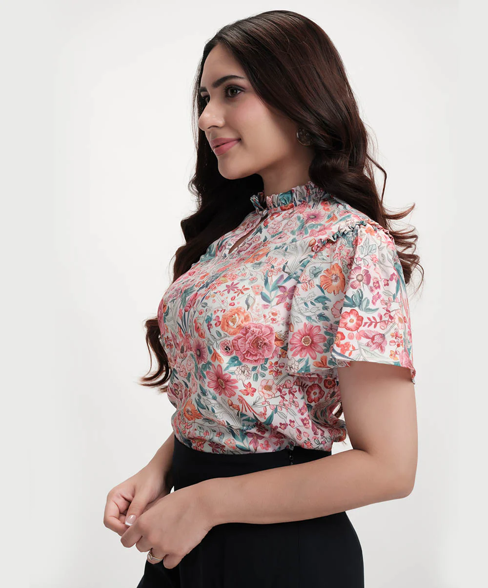 Sleeve Flared Printed Satin Beige Top - Image 4