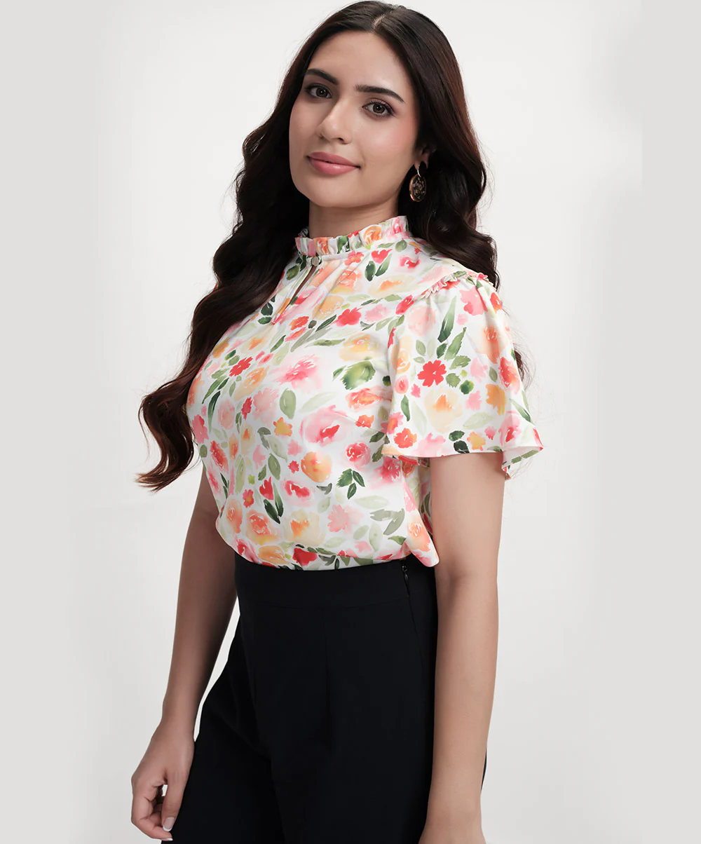 Sleeve Flared Printed Satin Top - Image 2