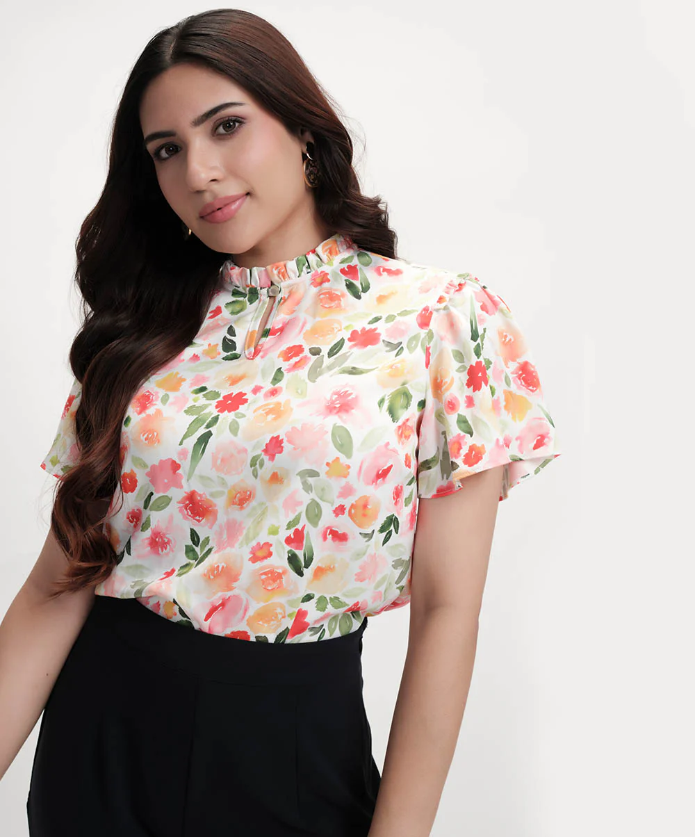 Sleeve Flared Printed Satin Top - Image 3