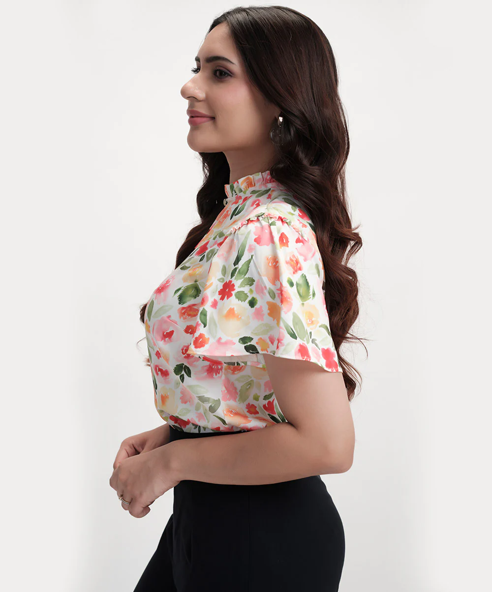 Sleeve Flared Printed Satin Top - Image 4