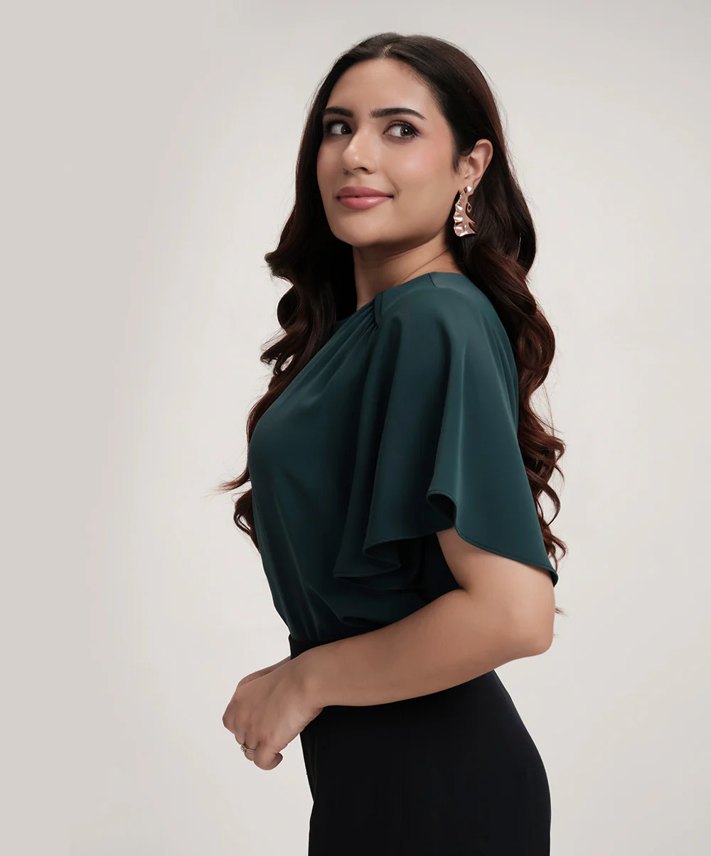 Sleeve Flared Round Neck Chiffon Green Top - Image 2